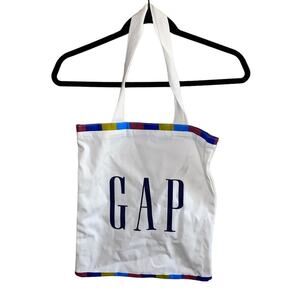 NWOT Logo Canvas Tote White Rainbow Trim Minimalist Shopper Reusable Carryall